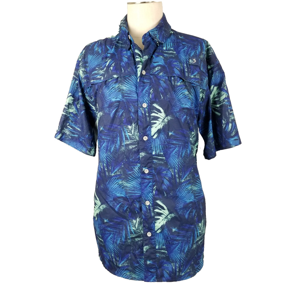 Reel Legends Shirt Mens XL Extra Large Blue Palm Short Sleeve Vented Fishing